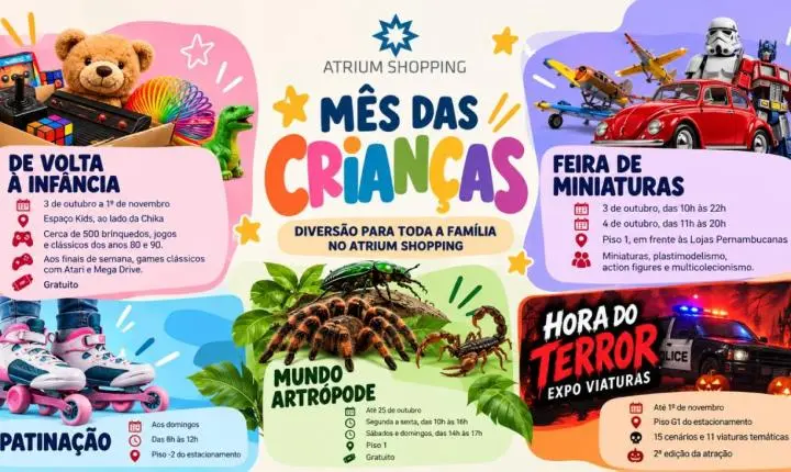 Exposição com 500 brinquedos abre programação do Mês das Crianças no Atrium Shopping