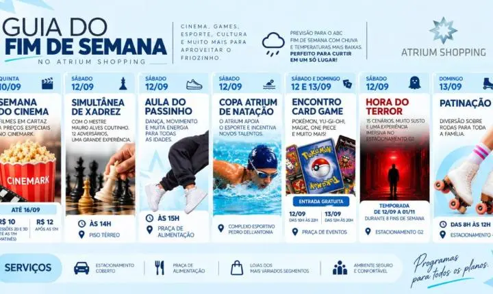 Fugindo da chuva no ABC: Atrium Shopping tem cinema a R$ 10, encontro geek, evento de terror e patinação no fim de semana